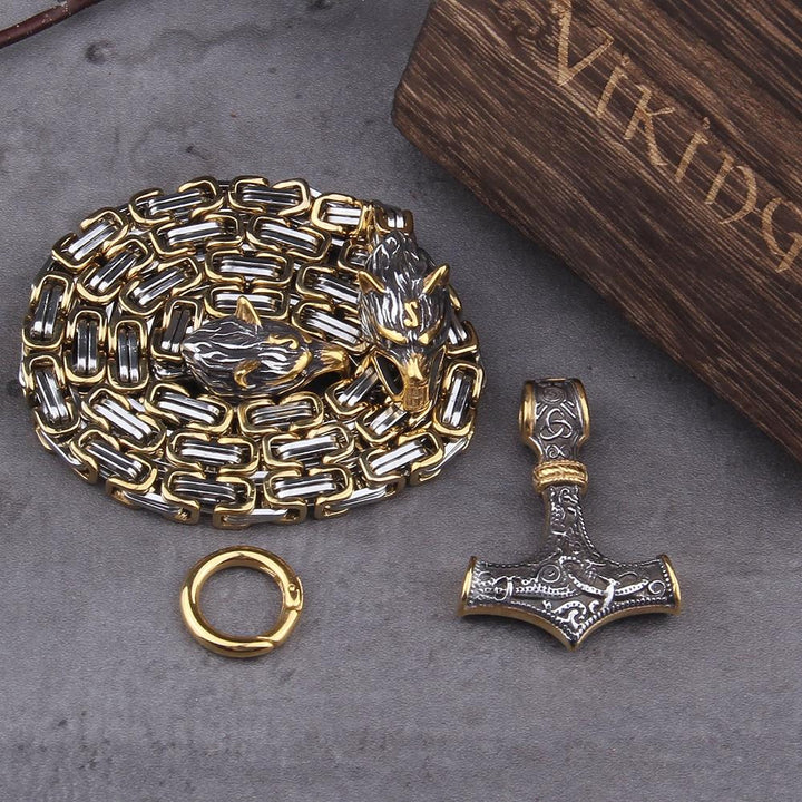 60–90 cm Stainless Steel Double Wolf Head &amp; Mjolnir Survival Spirit Necklace/Bracelet