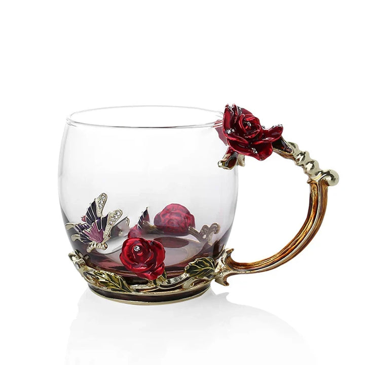 Handcrafted Enamel Coffee Mugs Rose-Glass Tea Cup with Steel Spoon Luxury Unique Gifts for Wedding Valentine&
