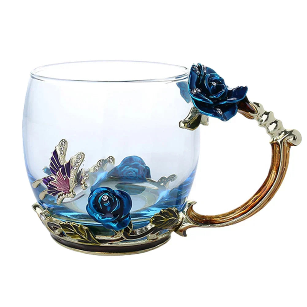 Handcrafted Enamel Coffee Mugs Rose-Glass Tea Cup with Steel Spoon Luxury Unique Gifts for Wedding Valentine&