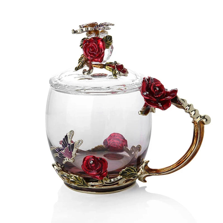 Handcrafted Enamel Coffee Mugs Rose-Glass Tea Cup with Steel Spoon Luxury Unique Gifts for Wedding Valentine&