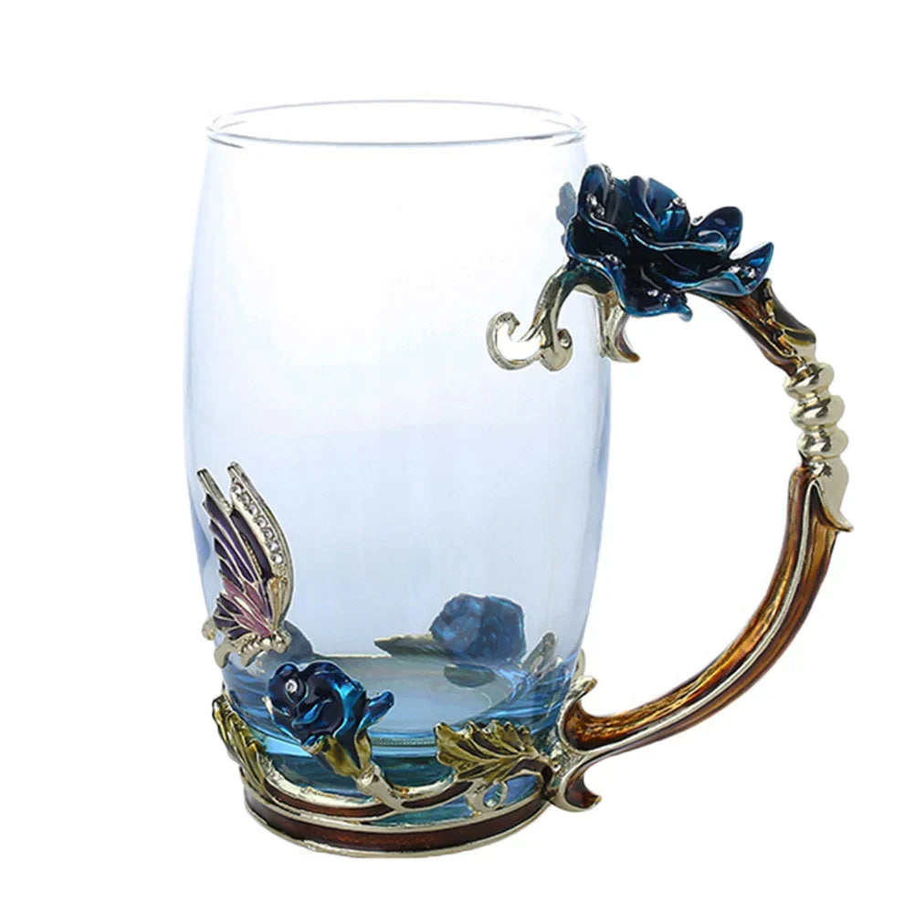 Handcrafted Enamel Coffee Mugs Rose-Glass Tea Cup with Steel Spoon Luxury Unique Gifts for Wedding Valentine&