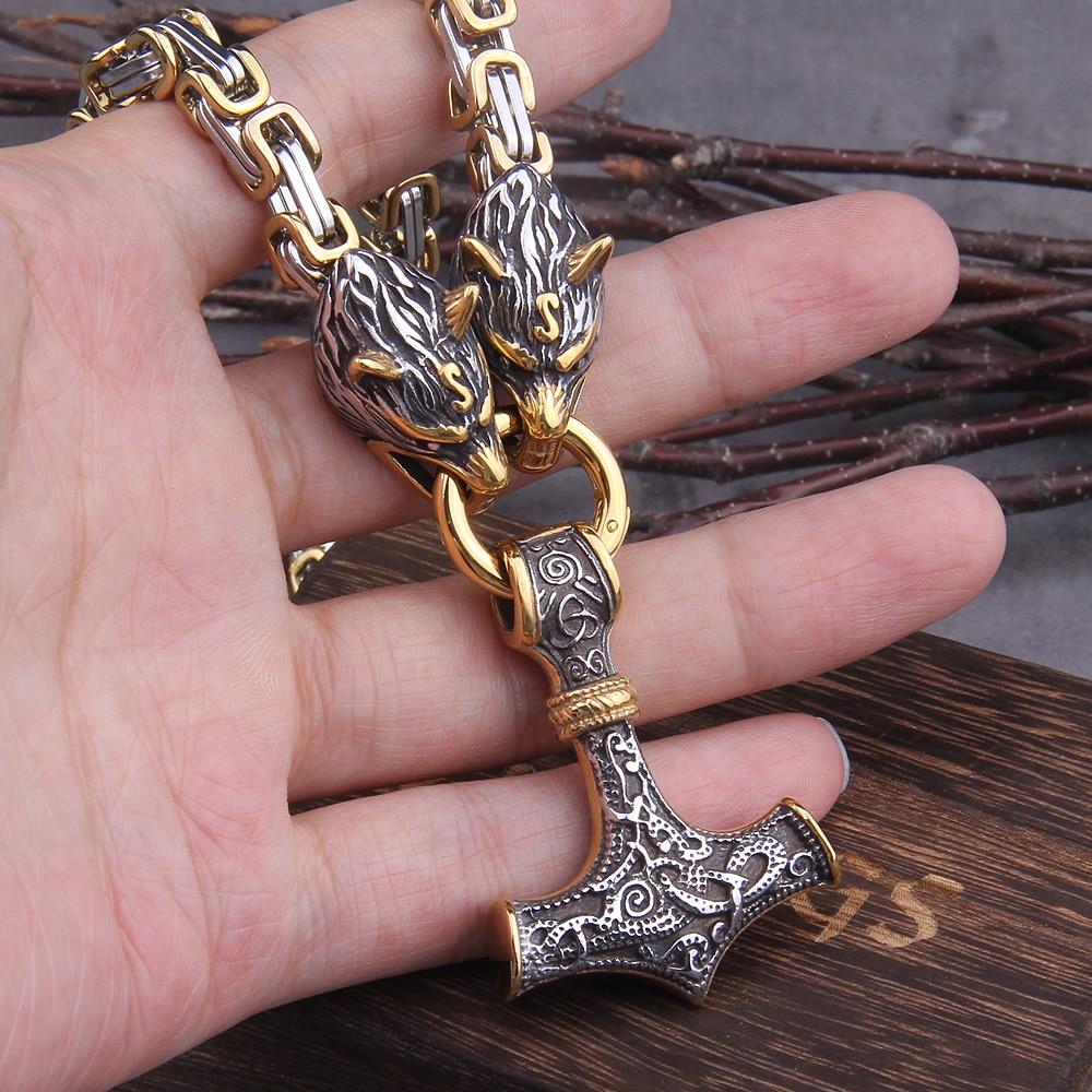 60–90 cm Stainless Steel Double Wolf Head &amp; Mjolnir Survival Spirit Necklace/Bracelet