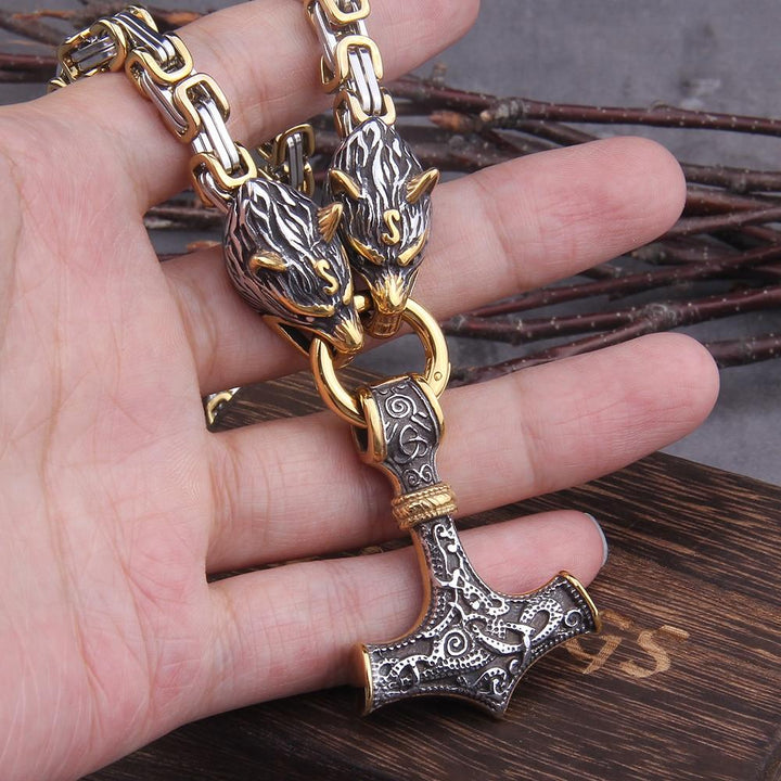 60–90 cm Stainless Steel Double Wolf Head &amp; Mjolnir Survival Spirit Necklace/Bracelet