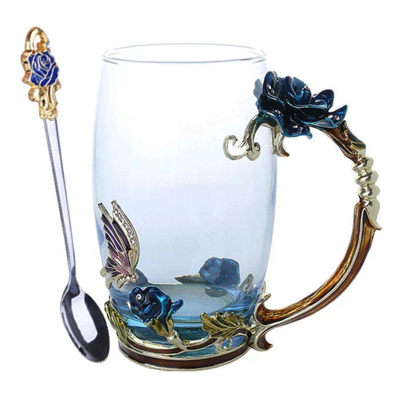 Handcrafted Enamel Coffee Mugs Rose-Glass Tea Cup with Steel Spoon Luxury Unique Gifts for Wedding Valentine&