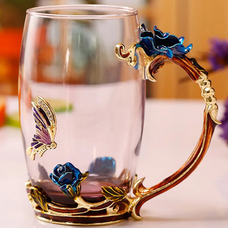Handcrafted Enamel Coffee Mugs Rose-Glass Tea Cup with Steel Spoon Luxury Unique Gifts for Wedding Valentine&