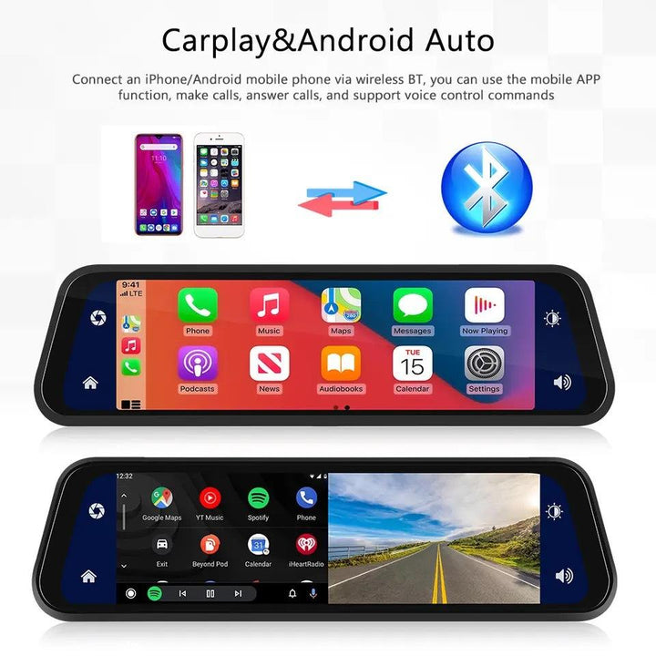 VisionMirror Pro – Ultra HD Mirror Dash Cam with Wireless CarPlay &amp; Android Auto