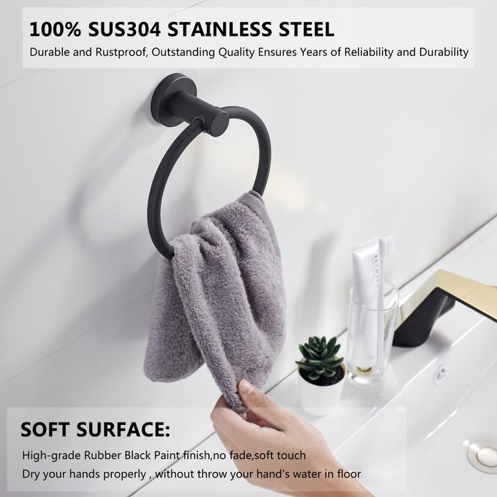 Towel ring made of 304 stainless steel in chrome, Round simple design, Black, European bathroom accessories, Rustproof