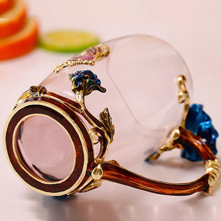 Handcrafted Enamel Coffee Mugs Rose-Glass Tea Cup with Steel Spoon Luxury Unique Gifts for Wedding Valentine&
