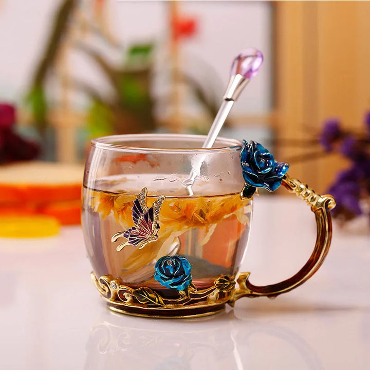 Handcrafted Enamel Coffee Mugs Rose-Glass Tea Cup with Steel Spoon Luxury Unique Gifts for Wedding Valentine&