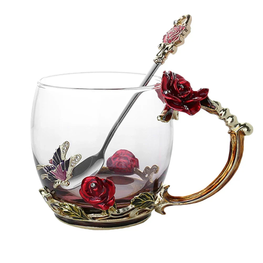 Handcrafted Enamel Coffee Mugs Rose-Glass Tea Cup with Steel Spoon Luxury Unique Gifts for Wedding Valentine&