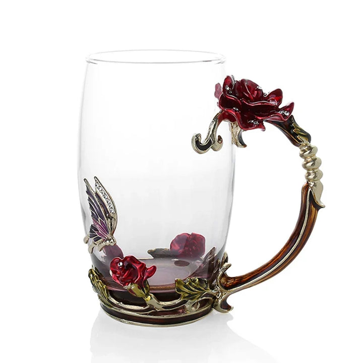 Handcrafted Enamel Coffee Mugs Rose-Glass Tea Cup with Steel Spoon Luxury Unique Gifts for Wedding Valentine&