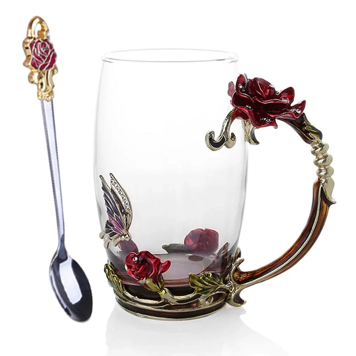 Handcrafted Enamel Coffee Mugs Rose-Glass Tea Cup with Steel Spoon Luxury Unique Gifts for Wedding Valentine&