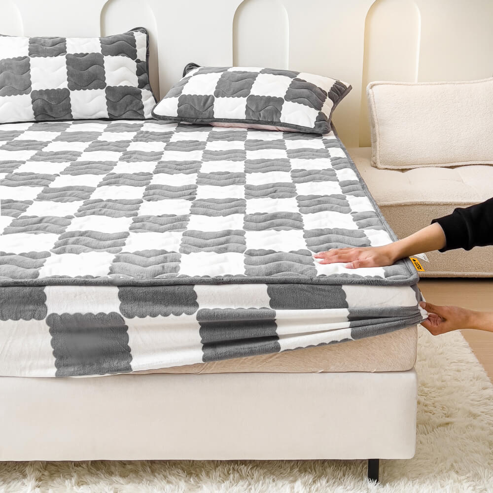Milk Velvet Checked Bed Linen Fitted Sheet Mattress Cover