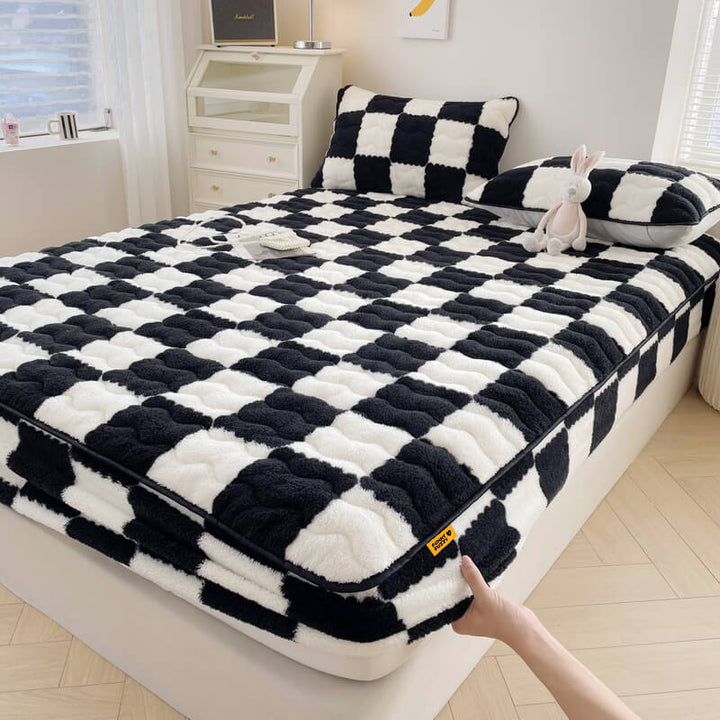 Milk Velvet Checked Bed Linen Fitted Sheet Mattress Cover