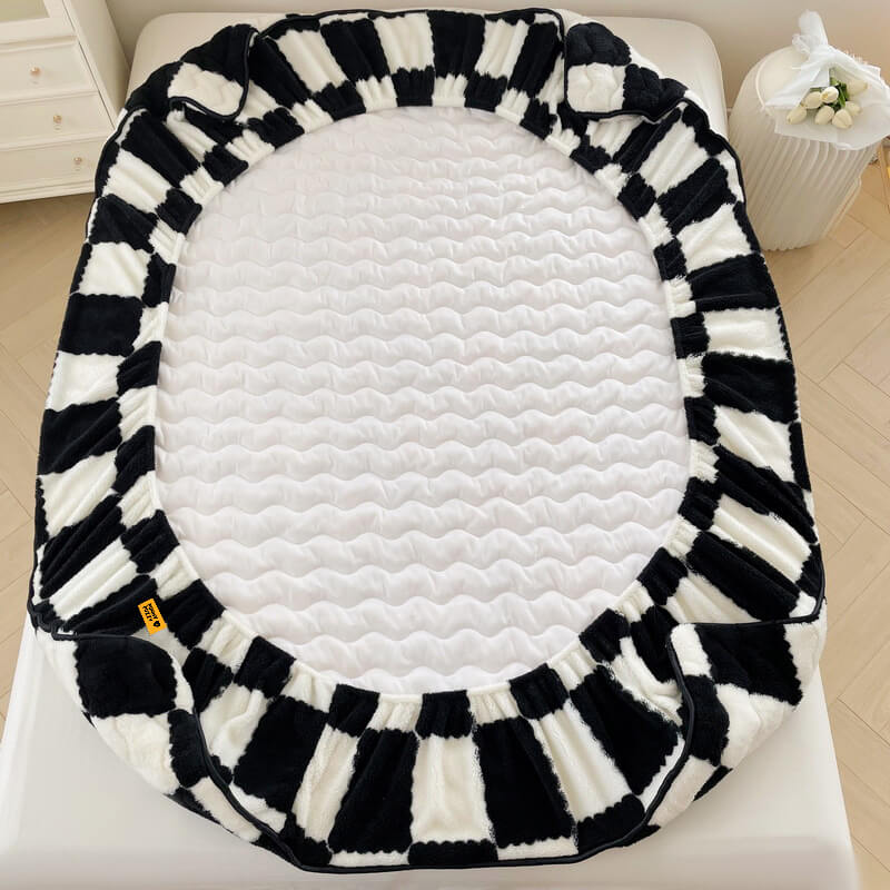 Milk Velvet Checked Bed Linen Fitted Sheet Mattress Cover