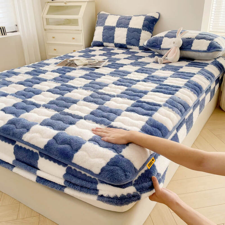 Milk Velvet Checked Bed Linen Fitted Sheet Mattress Cover