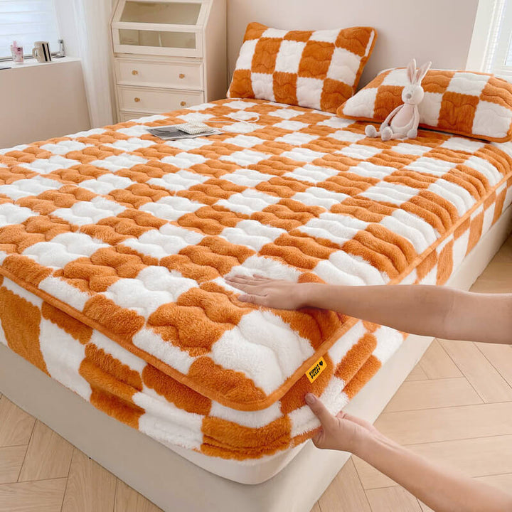 Milk Velvet Checked Bed Linen Fitted Sheet Mattress Cover