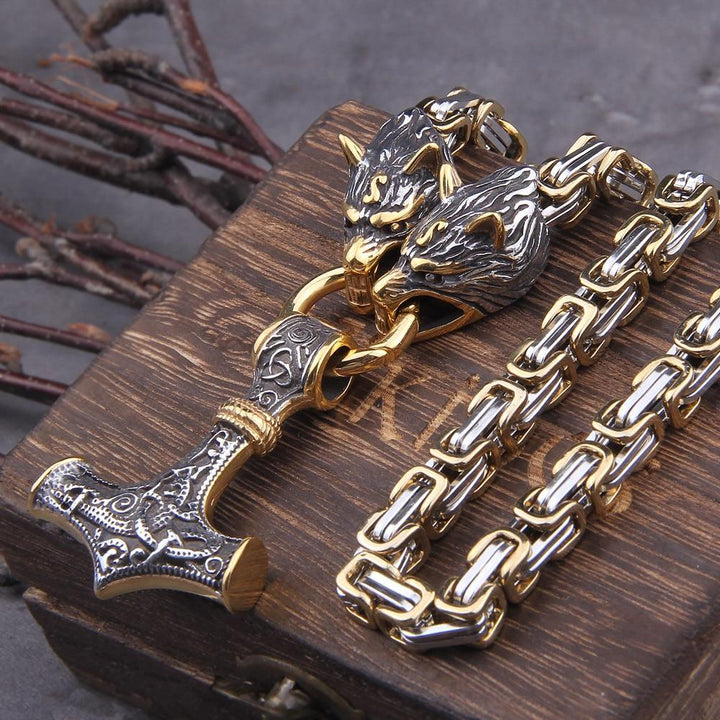 60–90 cm Stainless Steel Double Wolf Head &amp; Mjolnir Survival Spirit Necklace/Bracelet