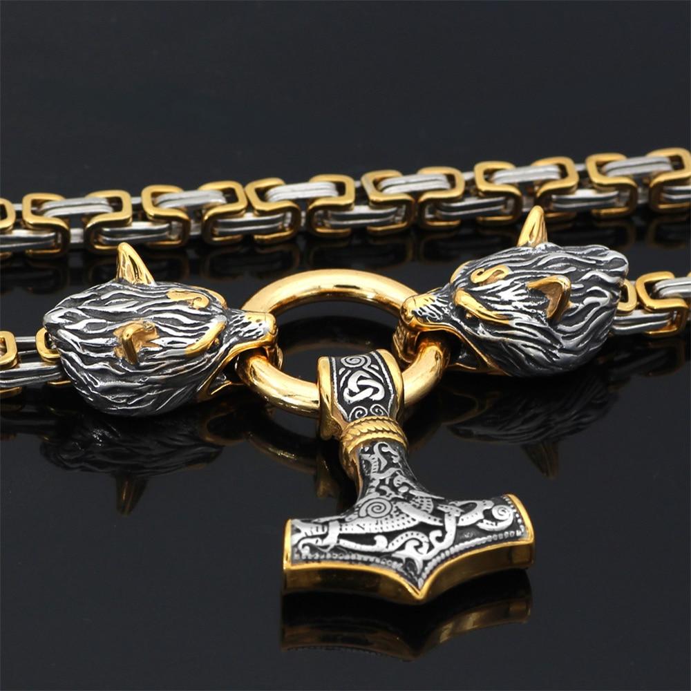 60–90 cm Stainless Steel Double Wolf Head &amp; Mjolnir Survival Spirit Necklace/Bracelet