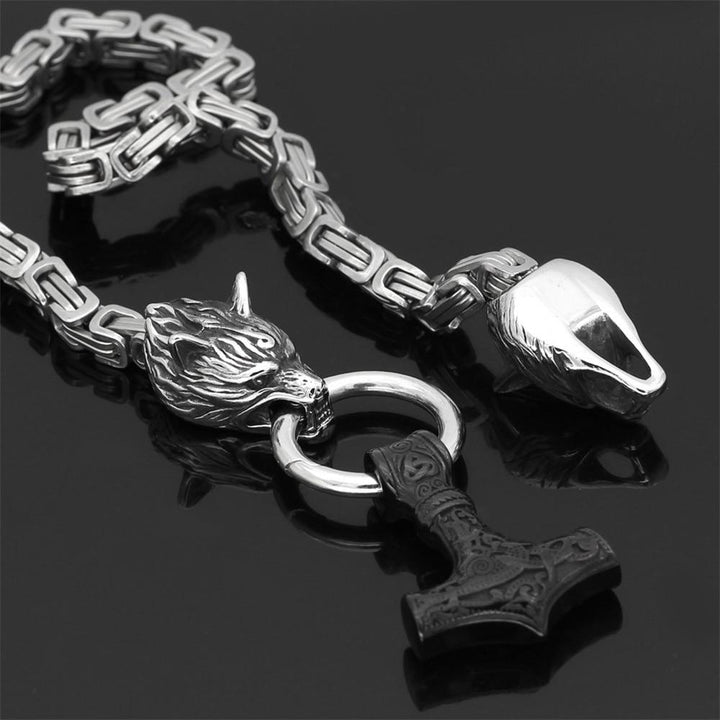 60–90 cm Stainless Steel Double Wolf Head &amp; Mjolnir Survival Spirit Necklace/Bracelet