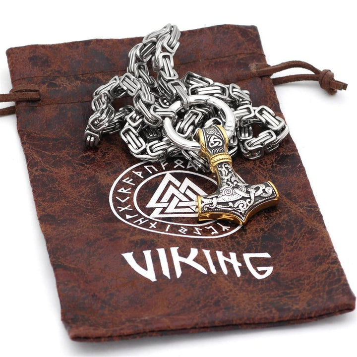 60–90 cm Stainless Steel Double Wolf Head &amp; Mjolnir Survival Spirit Necklace/Bracelet