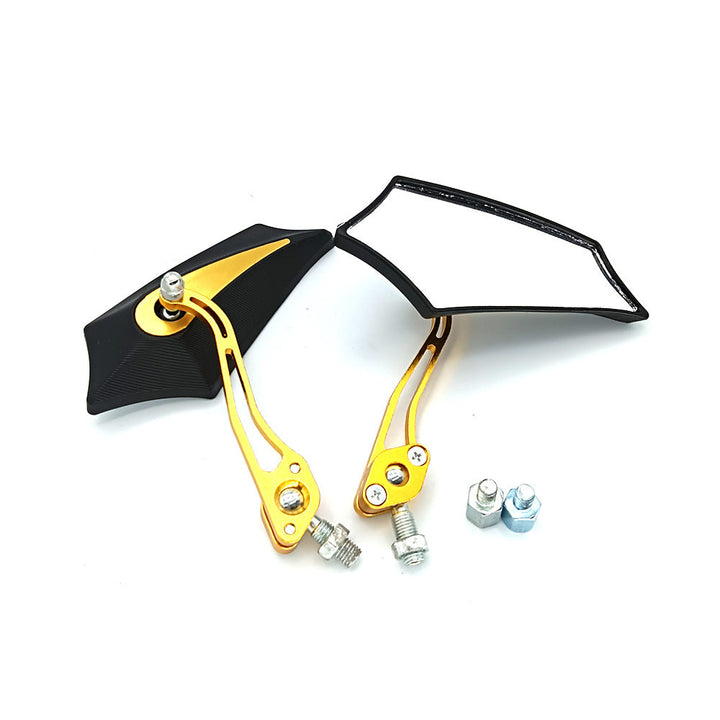 Sporty motorcycle rearview mirrors with rounded edges and adjustable viewing angle
