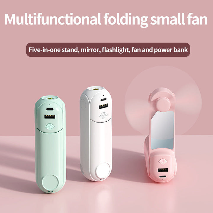 Unisex nan foldable handheld fan with built in USB power bank and compact mirror