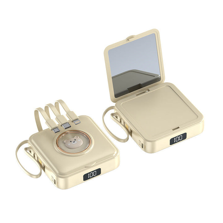 Compact power bank with integrated mirror and multifunction charging cable