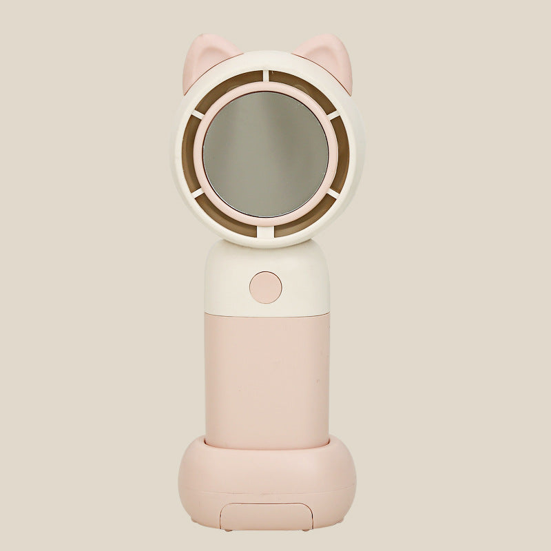 Cooling portable handheld bladeless fan with built-in mirror and rechargeable battery dock