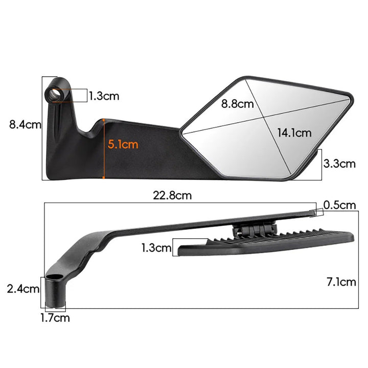 Motorcycle rearview mirror with modern, aerodynamic design