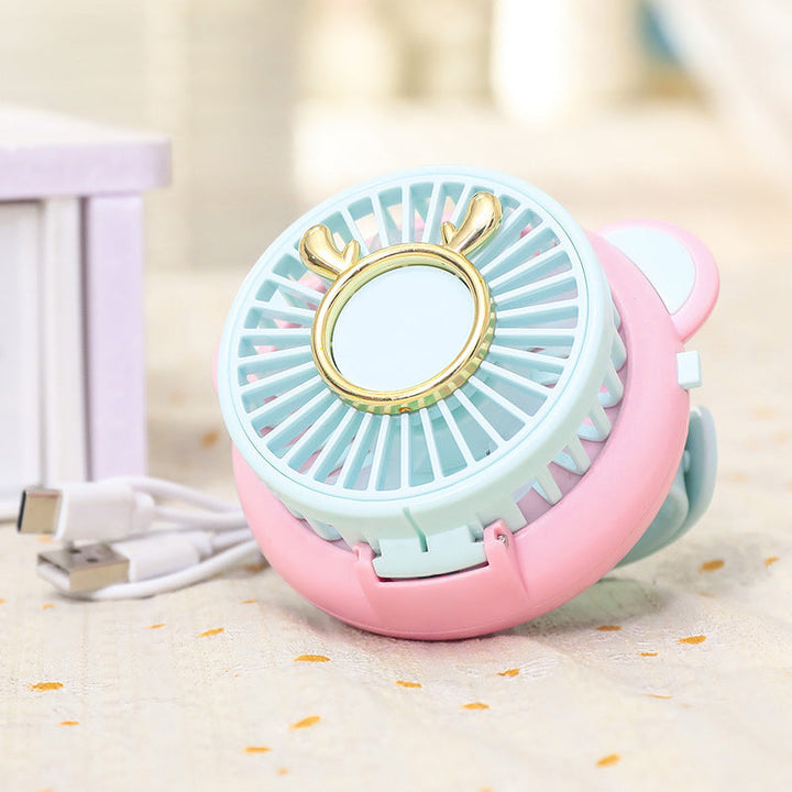 Ladies portable hand fan with integrated mirror and cute animal design