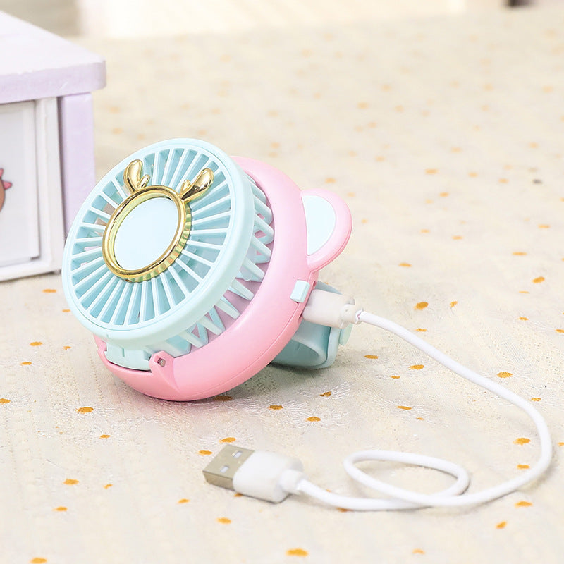 Ladies portable hand fan with integrated mirror and cute animal design