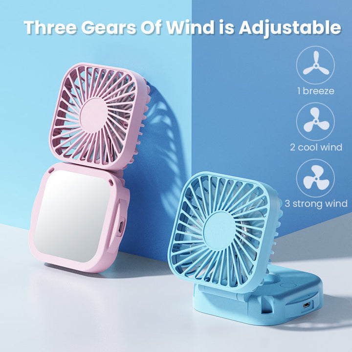 Cooling portable rechargeable folding mini fan with mirror and adjustable swivel stand