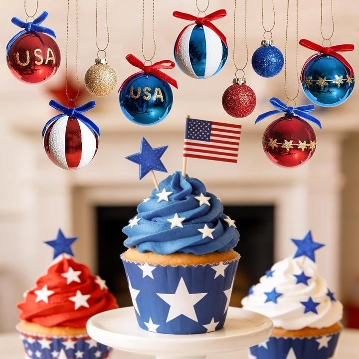 Unisex nan patriotic Christmas ball set with glitter and mirror surfaces as well as bow suspension