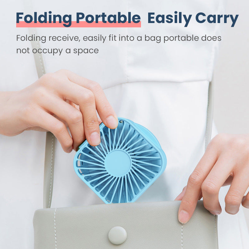Cooling portable rechargeable folding mini fan with mirror and adjustable swivel stand