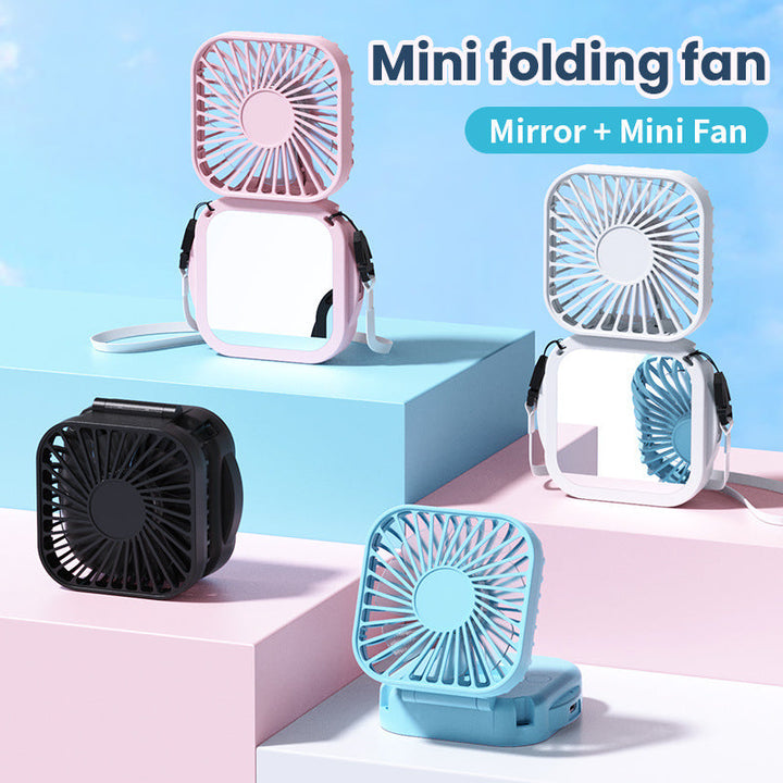 Cooling portable rechargeable folding mini fan with mirror and adjustable swivel stand