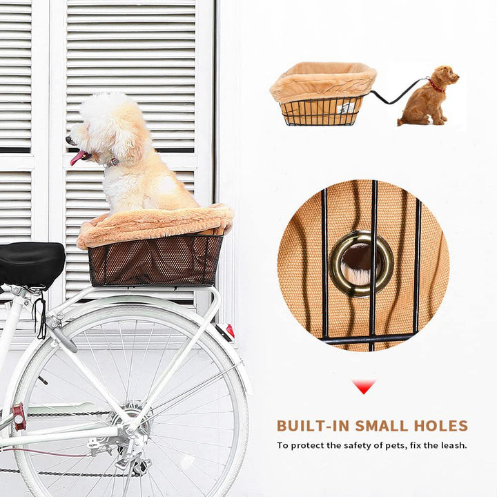 plush lined front bicycle pet basket with secure harness and waterproof liner