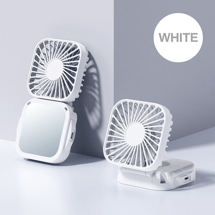 Cooling portable rechargeable folding mini fan with mirror and adjustable swivel stand