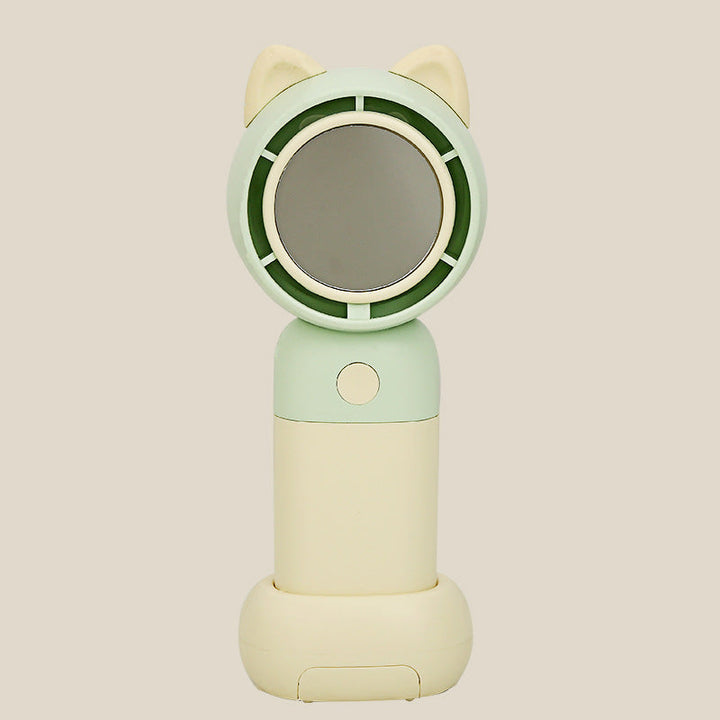 Cooling portable handheld bladeless fan with built-in mirror and rechargeable battery dock