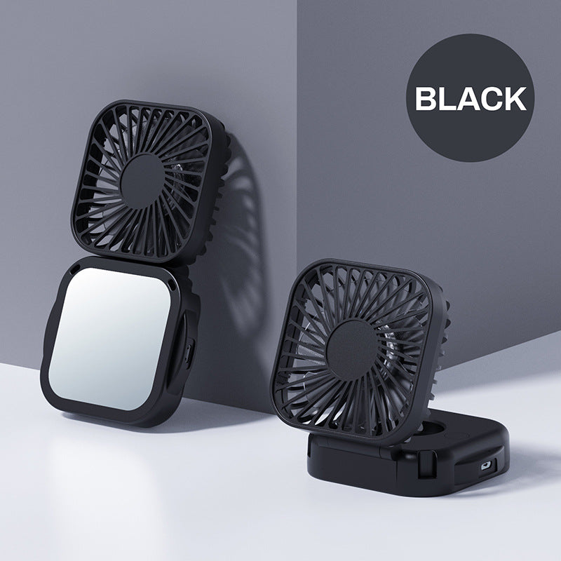 Cooling portable rechargeable folding mini fan with mirror and adjustable swivel stand
