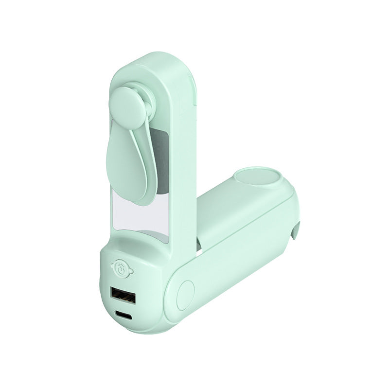 Unisex nan foldable handheld fan with built in USB power bank and compact mirror