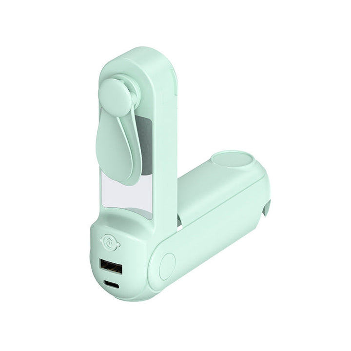 Unisex nan foldable handheld fan with built in USB power bank and compact mirror