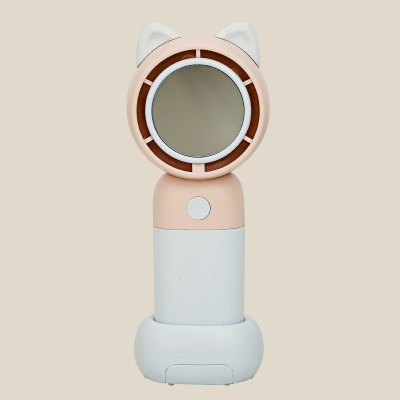 Cooling portable handheld bladeless fan with built-in mirror and rechargeable battery dock