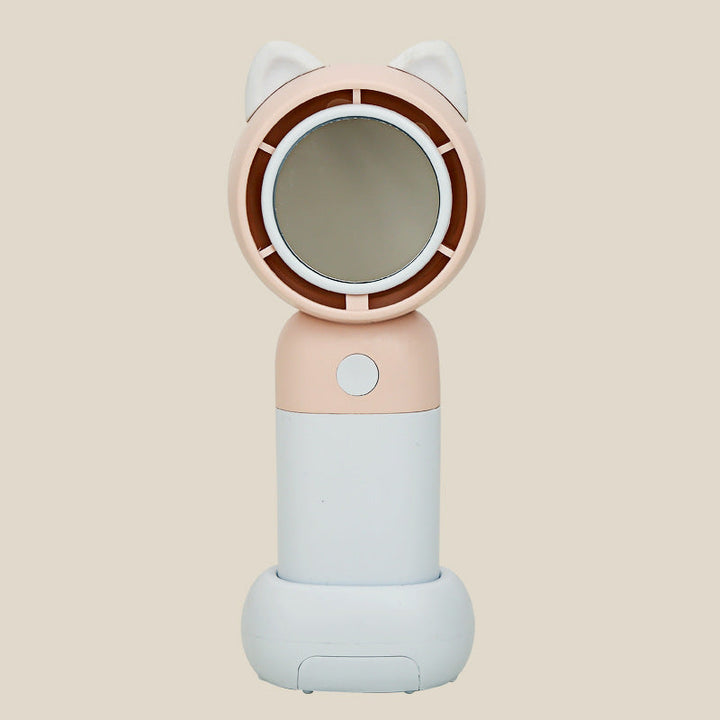 Cooling portable handheld bladeless fan with built-in mirror and rechargeable battery dock