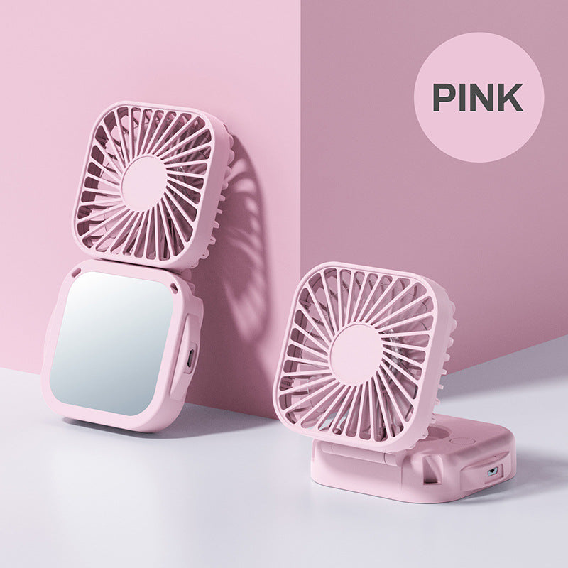Cooling portable rechargeable folding mini fan with mirror and adjustable swivel stand