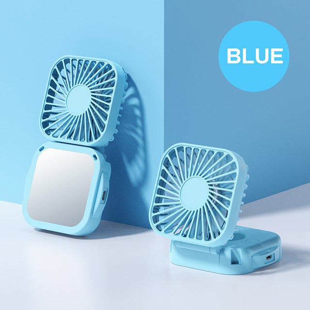 Cooling portable rechargeable folding mini fan with mirror and adjustable swivel stand