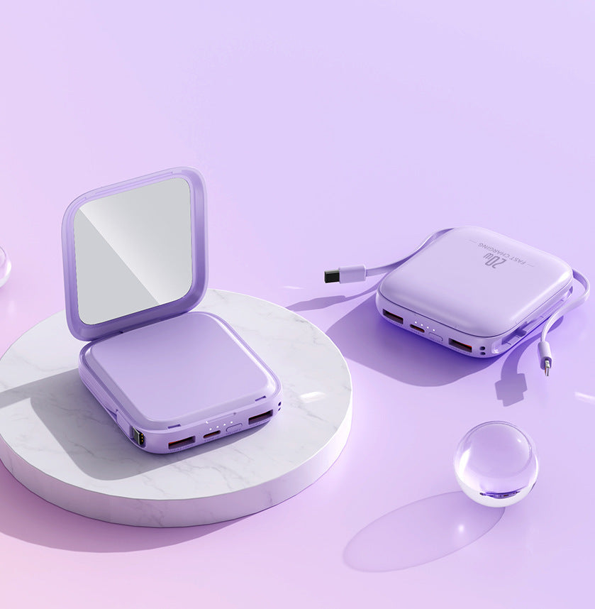 Portable power bank with integrated mirror and multifunctional charging cable