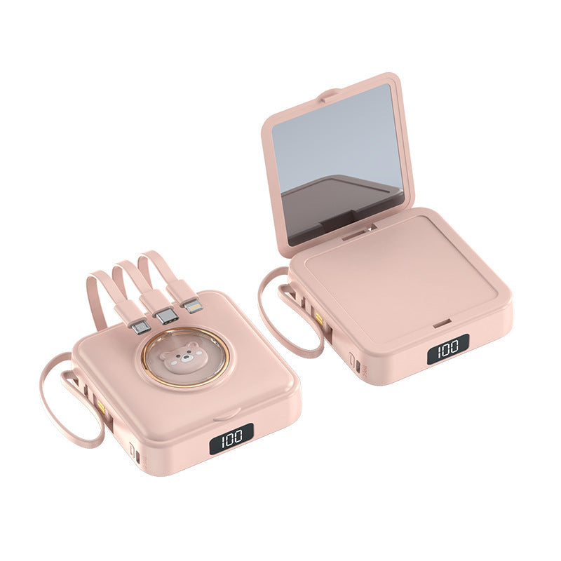 Compact power bank with integrated mirror and multifunction charging cable