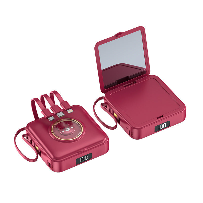 Compact power bank with integrated mirror and multifunction charging cable