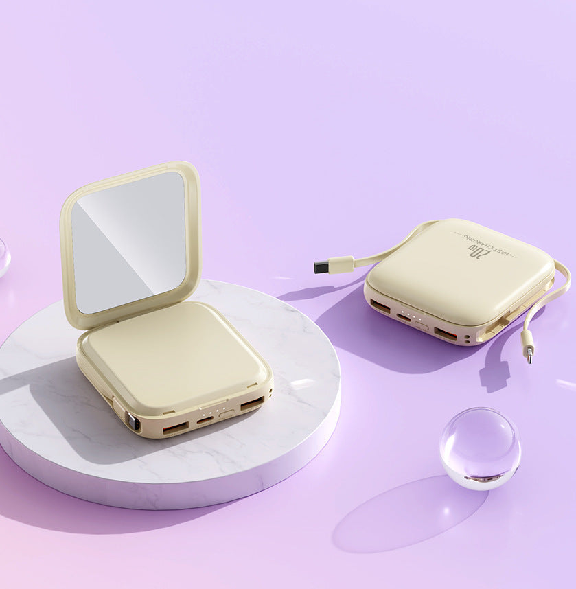 Portable power bank with integrated mirror and multifunctional charging cable